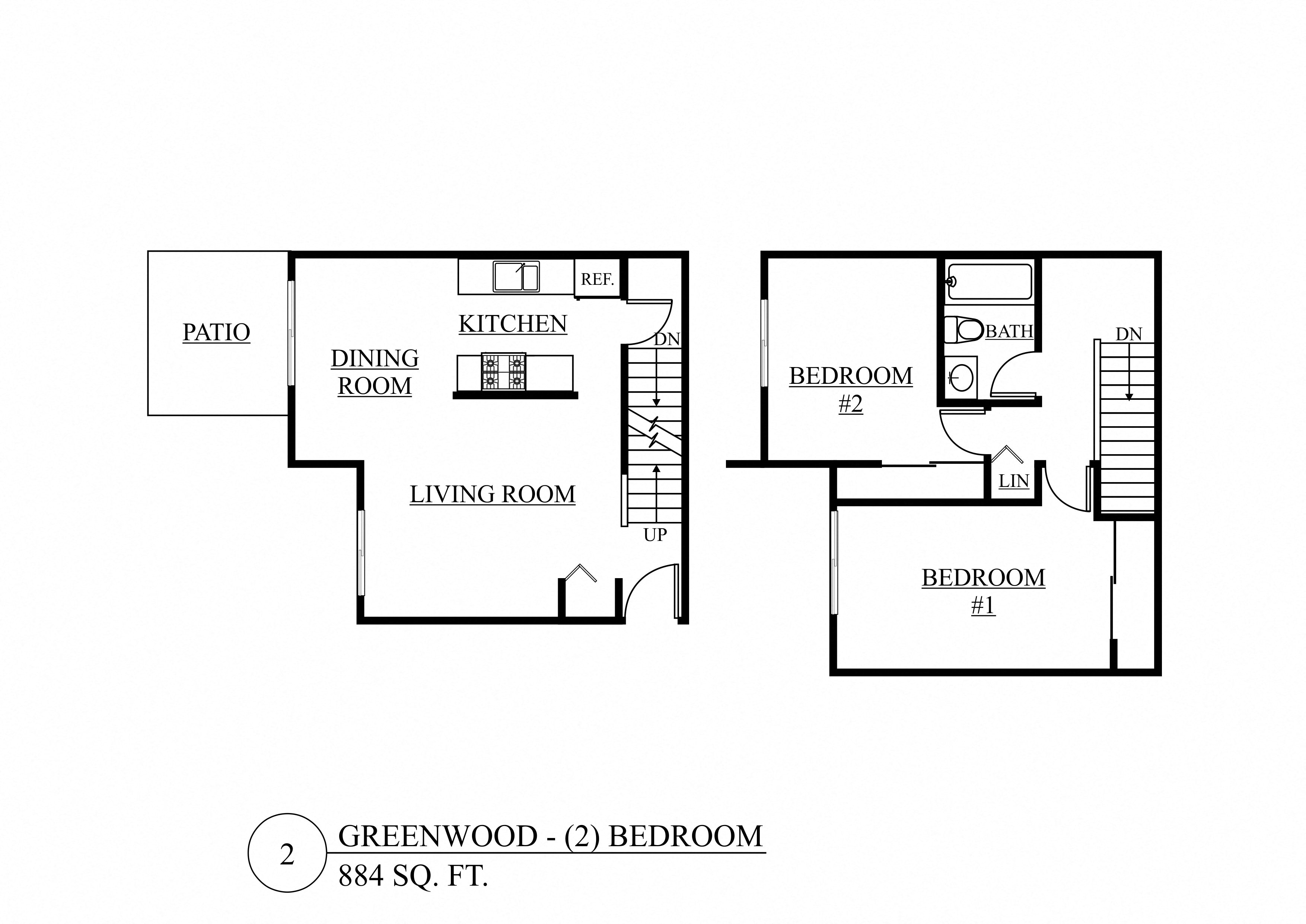 Floor plan for 2 beds, 1 bath, 884 sqft